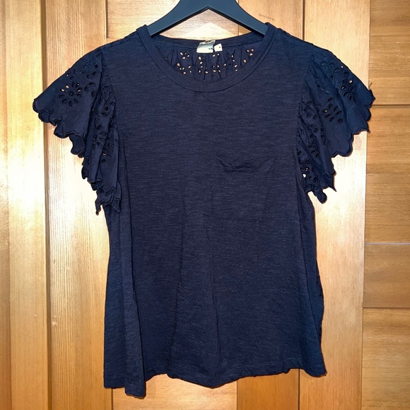 EUC - Anthropologie Black Flutter Sleeve Top sz S - Picture 1 of 6